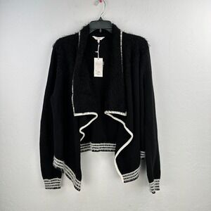 Candies Cardigan Sweater‎ Cropped Womens L Black White Waterfall Eyelash Fuzzy